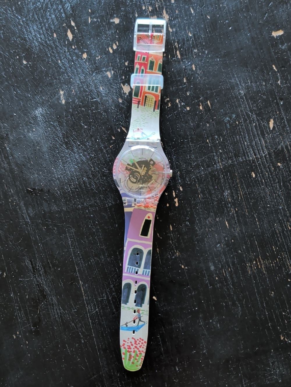 Swatch VENICE ONLY Multicolor Illustrated Silicone Wristwatch with Red Accent